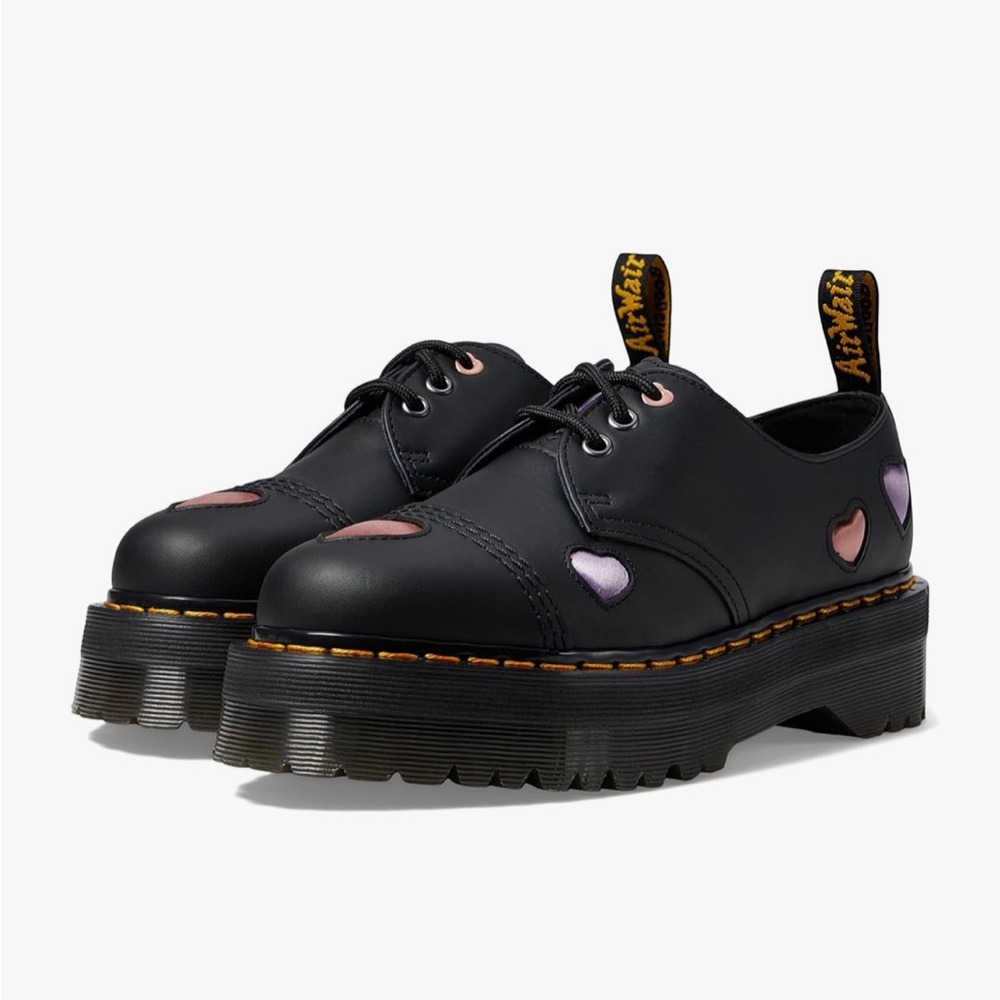Dr. Martens Black Platform Oxfords with Pink Heart Accents - Picture 3 of 16